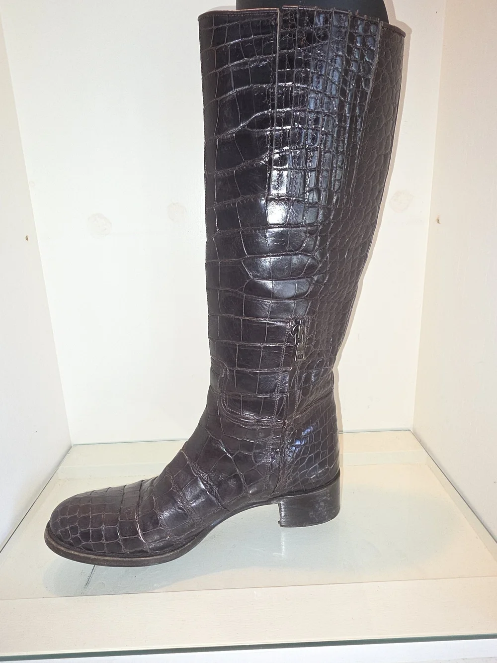 Women’s Brown/Black Leather Crocodile-Embossed Knee-High Riding Boot